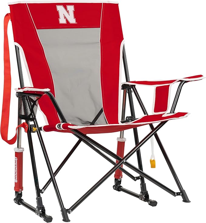 GCI Outdoor Comfort Pro Rocker Camping Chair | Portable Folding Rocking Chair with Durable Armrests & Drink Holder | Official Collegiate Licensed Sideline Sports Chair | Nebraska Cornhuskers