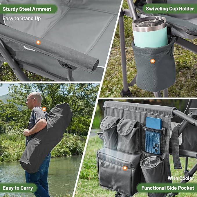 TIMBER RIDGE Oversized Folding Camping Chair with Lumbar Support Adjustable High Back Heavy Duty for Adults Support up to 500lbs with Cup Holder, Cooler Bag, Side Pocket, Grey 2 Pack