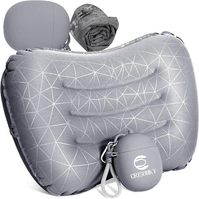 Crisonky Camping Inflatable Pillow with 2-in-1 Silicone Air Pump Storage Bag – Ultralight Travel Pillow for Airplane, Lumbar Support, Dual Valve Easy Inflate, Compressible Ergonomic (Grey)