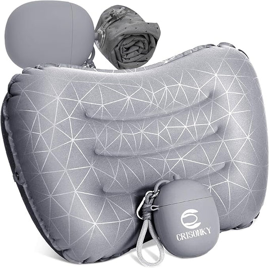 Crisonky Camping Inflatable Pillow with 2-in-1 Silicone Air Pump Storage Bag – Ultralight Travel Pillow for Airplane, Lumbar Support, Dual Valve Easy Inflate, Compressible Ergonomic (Grey)