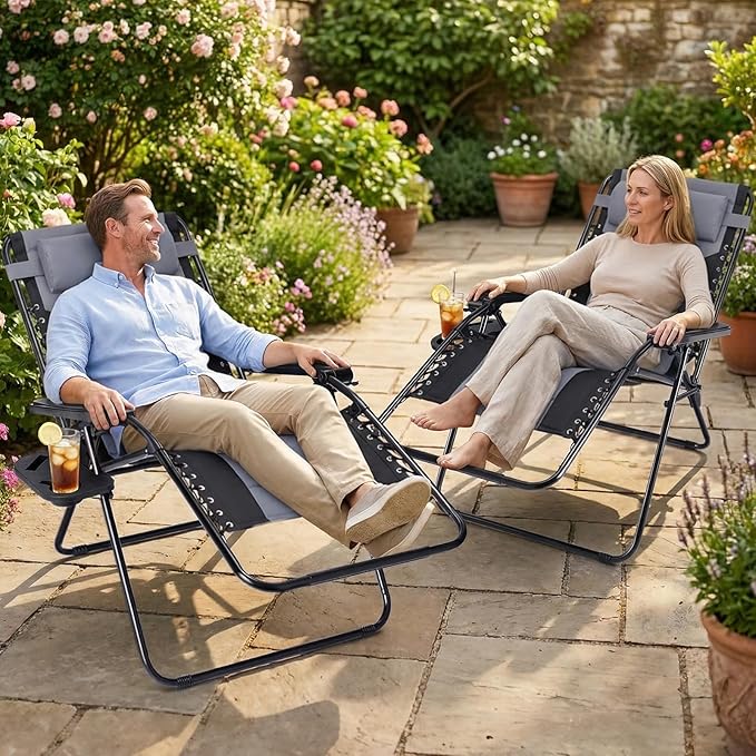 Sweetcrispy Zero Gravity Chairs, Foldable Patio Reclining Chairs with Adjustable Pillow & Cup Holder, Oversized Portable Support 400 lbs, for Backyard Camping(Black-Gray)