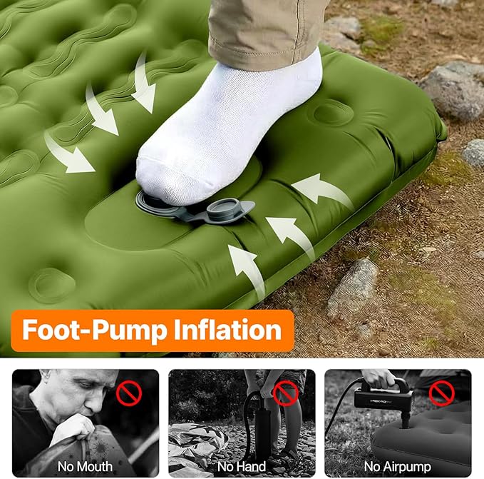 OGERY Sleeping Pad, Ultralight Inflating Sleeping Pad for Camping with Pillow Built-in Foot Pump, 6" Extra-Thick Reinforced Camping Pad for Hiking, Backpacking, Tent, Single,Green