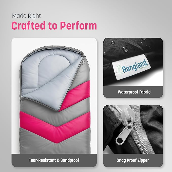 Kids Sleeping Bag with Built-in Pad (Fits Up to 4'6") All-in-One Inflatable Mattress Pad with Built-in Foot Pump - for Sleepovers, Camping and Travel (Gray/Pink)