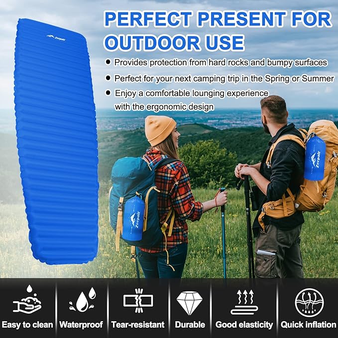 Camping Sleeping Pad, Ultralight Waterproof Inflatable Sleeping Mat with Inflation Bag, Lightweight Portable Compact Air Mattress for Outdoor Backpacking Hiking Traveling Tent Use (Single, Blue)