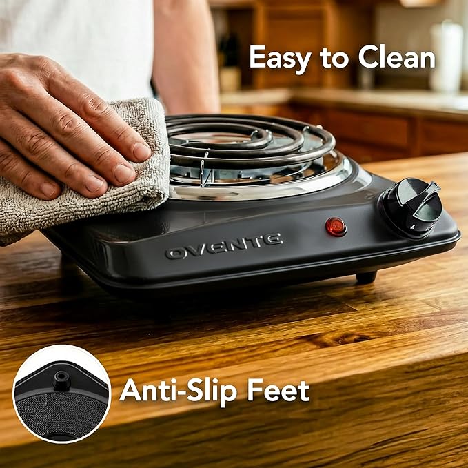 OVENTE Electric Countertop Single Burner, 1000W Cooktop with 6" Stainless Steel Coil Hot Plate, 5 Level Temperature Control, Indicator Light, Compact Cooking Stove and Easy to Clean, Black BGC101B