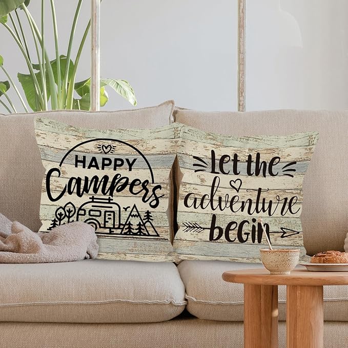 Camping-Themed Decorative Throw Pillow Covers, 2 x 18" x 18" Beige Cotton Linen Blend, Rustic Letter Print, Perfect for Home Decor, Camping, Camper Gifts