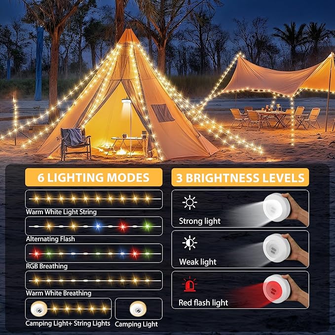 Camping String Lights, 4 in 1 Quick Storage Camping Essentials Gear 32.8FT Rechargeable Tent Lights with 9 Modes Hanging Waterproof LED Camp Lamp for Camping Hiking Patio Garden Festival-Black