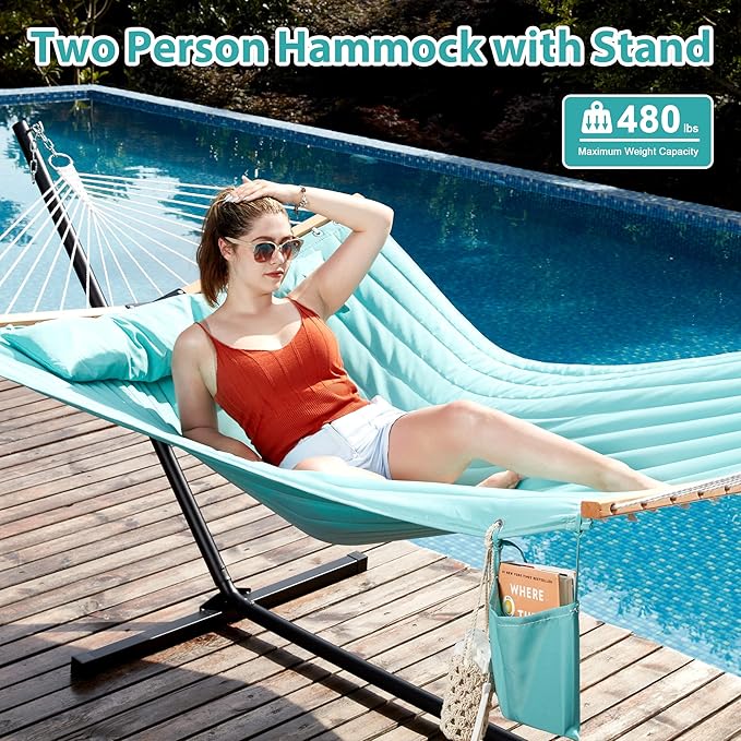 Homgava Two Person Hammock with Stand for Outside Heavy Duty, Outdoor Patio Hammock with Portable Steel Stand, Large Double Hammocks,480lbs Capacity.(Aruba)