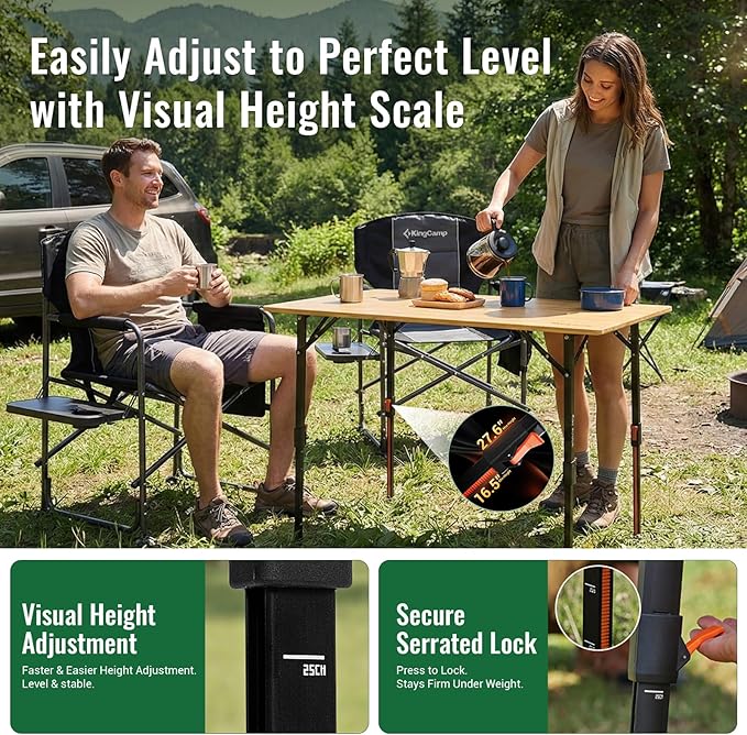 KingCamp 4-Fold Bamboo Camping Table with Serrated Adjustable Legs (16.5" to 27.6"), Heavy-Duty Aluminum Frame & Carry Bag for Outdoor, RV, Picnic, Beach