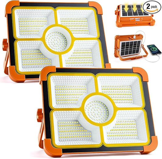 2-Pack Solar Rechargeable Work Light, 12000LM Portable Work Light with 12000mAh Battery, LED Flood Lights with 5 Modes, Outdoor Waterproof Job Site Lighting for Camping Repair Emergency Fishing