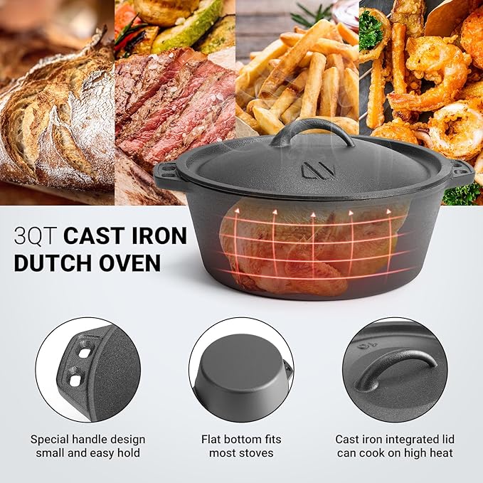 Northriver Casting 3 QT Cast Iron Dutch Oven with Lid – Pre-Seasoned Round Pot for Baking Bread, Stews & Camping – Small Dutch Oven for Oven, Stove, and Campfire Cooking