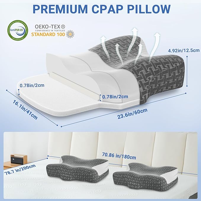 Elviros CPAP Pillow for Sleeping, Ergonomic Adjustable Height Neck Support Memory Foam Bed Pillow for CPAP Users with Sleep Apnea, Suitable for Side and Back Sleepers