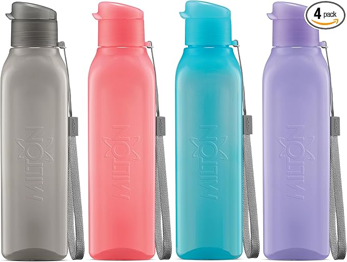 MILTON Sports Water Bottle Square Juice Box 4 Set 17 oz. Great for Juices Milk Smoothies Plastic Wide-Mouth Reusable Leak Proof Drink Bottle/Carton for School Bags Lunch Boxes Gym Flip Lid -BPA Free