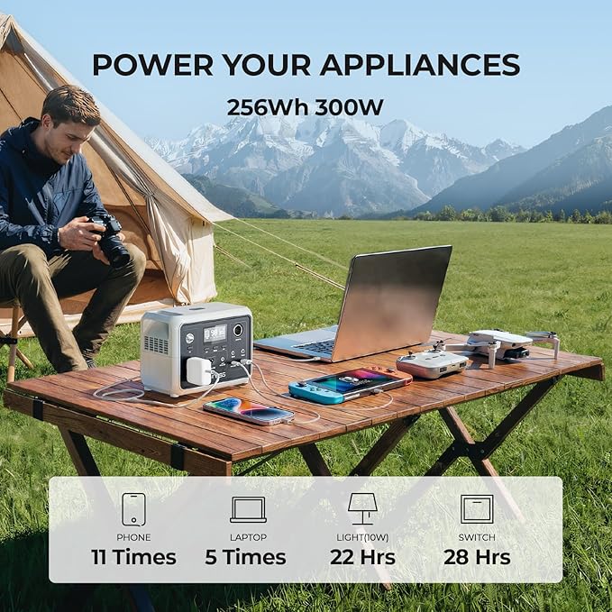 DYNESS Portable Power Station 300W, 256Wh Solar Generator with 110V Pure Sine Wave AC Outlet, LiFePO4 Battery for Camping, Home Backup, RV, CPAP, Outdoor Emergency (Solar Panel Optional)