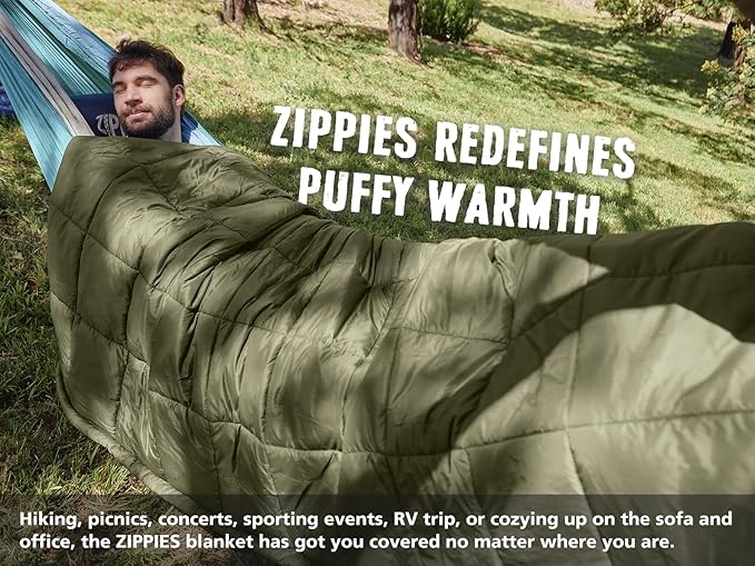 ZIPPIES 3M Thinsulate Insulation Puffy Camping Blanket for Cold Weather, Queen Size Warm Camping Quilt with Zipper, Waterproof Outdoor Sleeping Bag for Hammock, Cozy & Versatile Gift for Men and Women