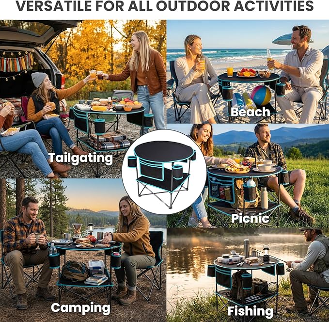 FUNDANGO All in One Tailgate Table, Portable Beach Table with Cup Holders, Camping Table Foldable with Side Pockets Carry Bag for Camp Outdoor Sand Beach Picnic Fishing Tailgating Essentials