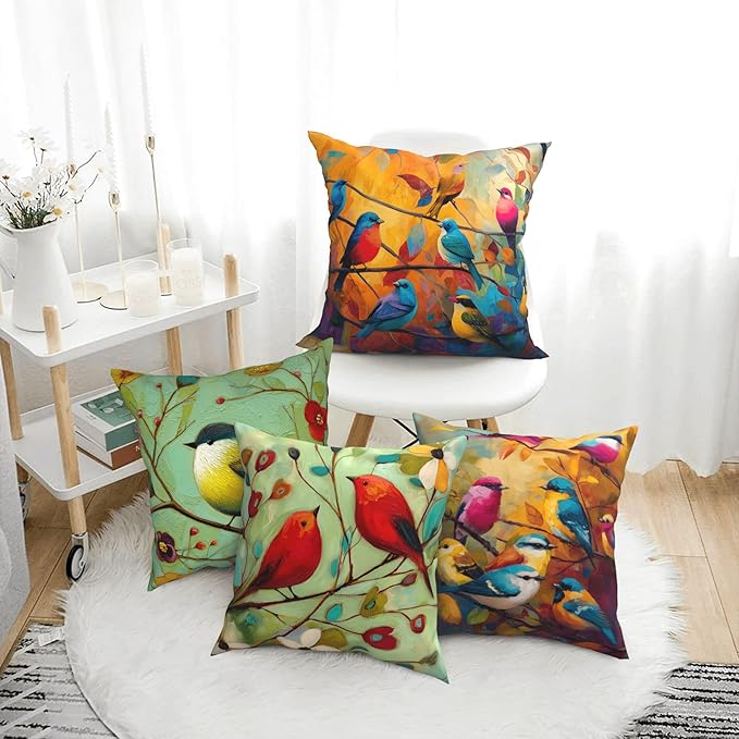 Bird Throw Pillow Covers 18 X 18 Inch Set of 4 Decorative Cushion Cover Home Decor for Sofa Chair Couch Bedroom Living Room