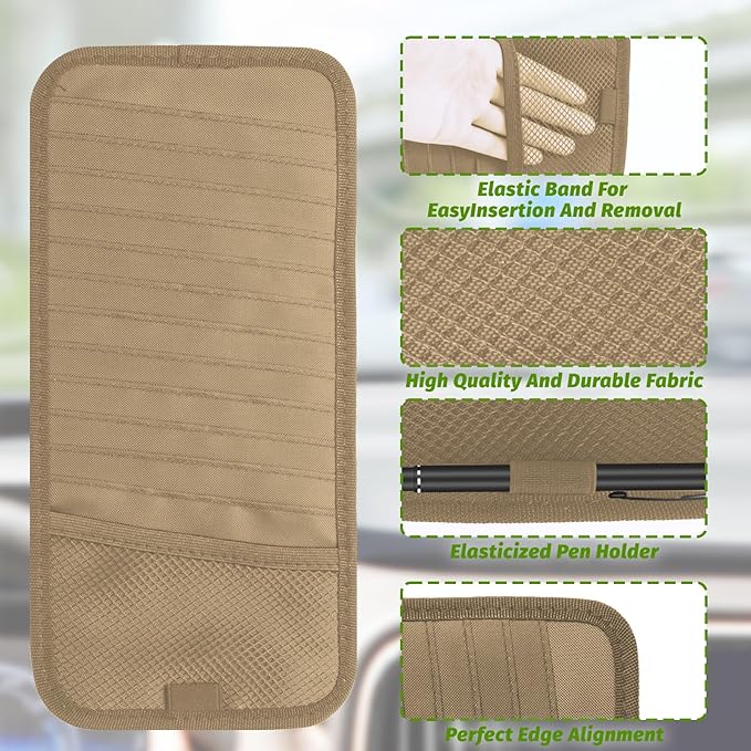 Car CD & DVD Holder - Large Capacity CD Visor Case, Vehicle Visor Storage Organizer with 12 Disc Sleeves, 1 Mesh Pocket 1 Pen Holder and & Elastic Band (Khaki)