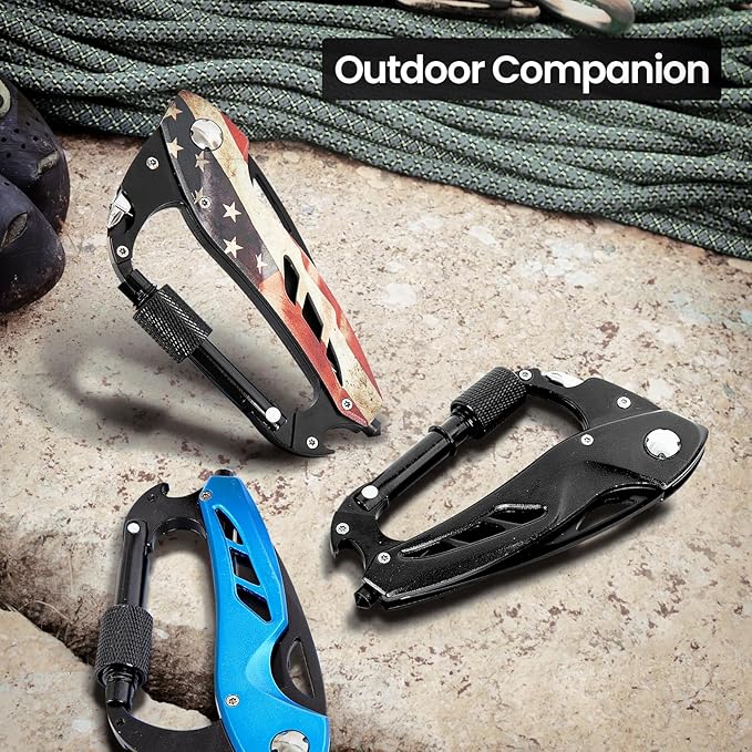 FUNBRO Multitool Carabiner Knife Tools for Men, Cool Gadgets Survival Gear with Folding Knives, Bottle Opener, Window Breaker and Screwdriver for Hiking Camping, 7-in-1 EDC Multi Tool (USA Flag)