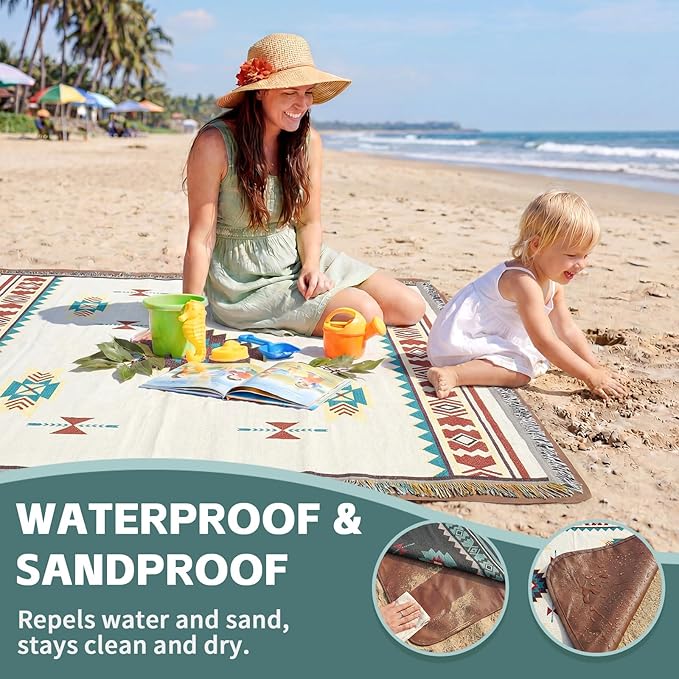 2 in 1 Extra Large Outdoor Picnic Blanket Camping Mat Lightweight Oversized Giant Turkish Boho Beach Mexican Serape Baja Cobijas Mexicanas para Mesa Park Stadium Outside Festival Grass Hammock