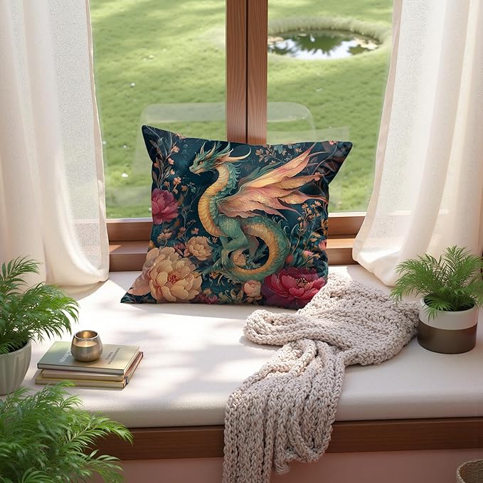 Fantasy Floral Dragon Pillow Cover 18x18, Dragon Nursery Room Decor, Whimsical Magical Fairytale Creature Animal Decorative Throw Pillow Cover for Home Bedroom Living Room Sofa Couch