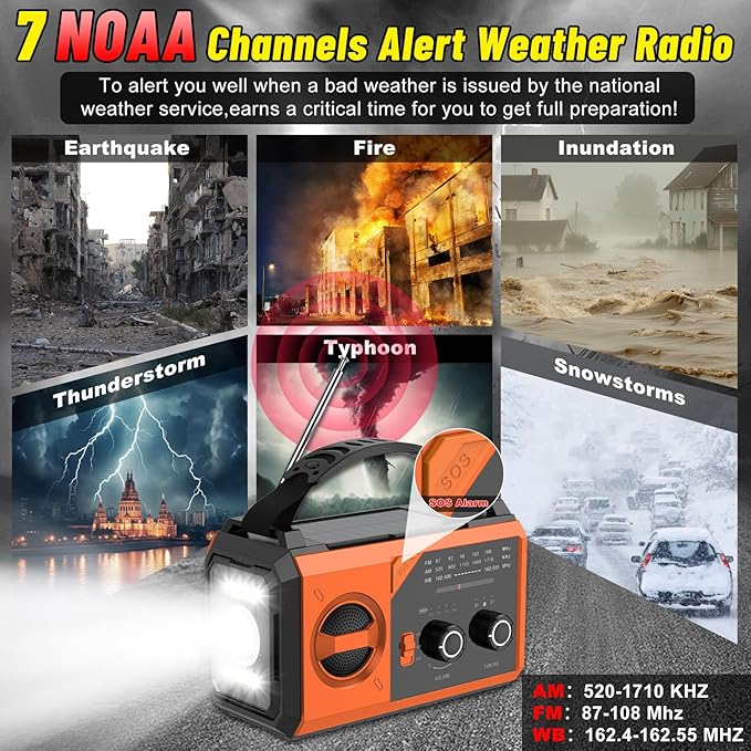 30000mAh Emergency Radio with NOAA Weather Alert, Emergency Hand Crank Weather Radio Portable AM/FM/NOAA Solar Radio with Compass SOS&Flashlight for Survival and Camping/Home (Orange-30000mAh)