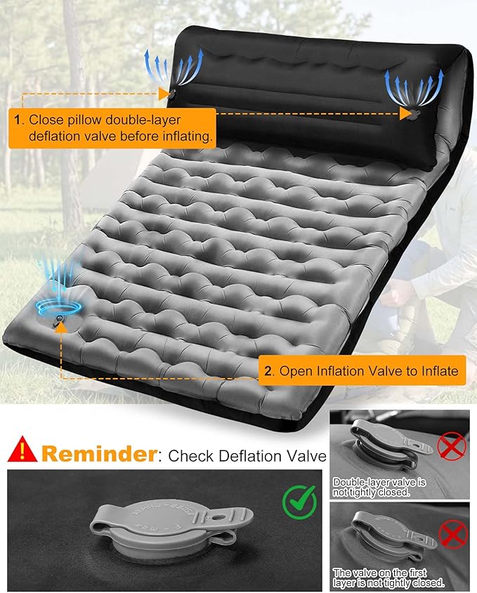 Double Sleeping Pad for Camping, 5.9 Inch Thick Self Inflating Sleeping Mat for Camping with Built in Pillow and Foot Pump, 2 Person Camping Mattress for Backpacking Hiking