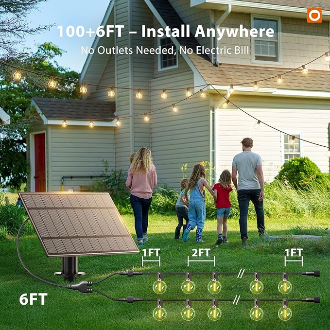 addlon 100FT Solar String Lights Outdoor with Remote, 54 LED Shatterproof Bulbs, Dimmable & Timable, 3 Light Modes, G40 Waterproof Solar String Lights for Outside Backyard Party Decor