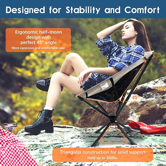 Raynesys Portable Camping Chair 2 Pack, 8 Seconds Quick Setup Folding Camping Chair, Flexible 360° Rotation, 3.8Lb Lightweight Travel Chairs for Easy Carry to Hiking, Sporting, Beach, Khaki