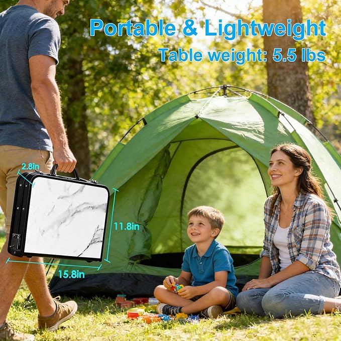 YUFIFAIRY Small Folding Camping Table, 2ft Portable Table with 3 Adjustable Heights, Aluminum Lightweight Foldable Picnic Table with Mesh Layer and Extension Legs for RV, Camp and Indoor (Black Frame)