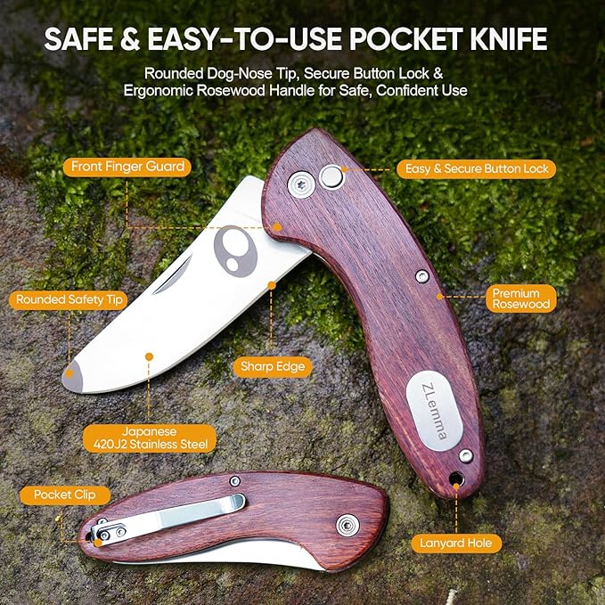 Kids Pocket Knife with Camping Survival Kit, Whistle, Fire Starter, Compass, Carabiners and Carrying Case, Easy Close Safety Lock on Knife. Outdoor Exploration Set for Kids