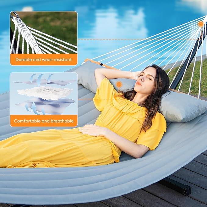 Everyfun Double Hammock with Spreader Bar,Soft Pillow,Max Load 500lbs,Portable Hammock for Outdoor,Camping,and Backyard,Dark Gray