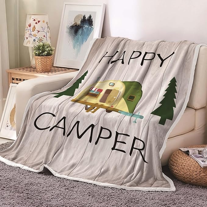 Camping Throw Blanket, Camping Gifts for Camper Outdoor Travel Trailer Blanket, Super Soft Comfy Fleece Flannel Throws Blankets for Couch Bed Sofa Living Room Bedroom Decor Beige 60X90 Inches