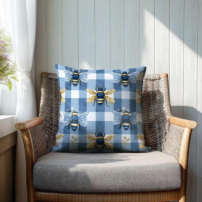 Farmhouse Bee Throw Pillow Covers 18x18 Set of 2 | Blue Gingham Rustic Cushion Covers | Vintage Honey Bee Decorative Pillow Cases for Couch, Sofa, Living Room and Bedroom