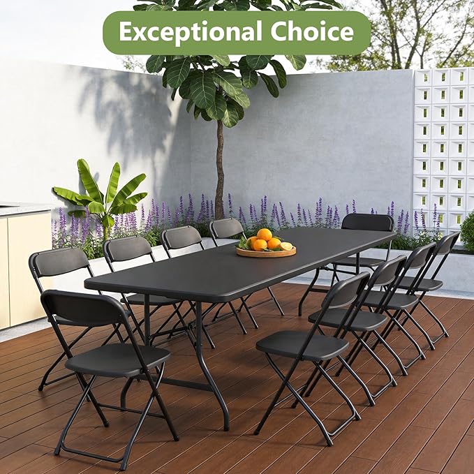 Folding Table, 8FT Foldable Picnic Table with Carrying Handle, Heavy Duty Fold-in-Half Portable Table for Weddings, Camping, RV Travel, Parties, BBQs, and Indoor Use, Easy to Fold and Store