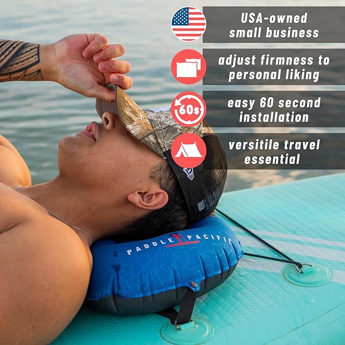 Inflatable SUP Paddle Board Pillow - Waterproof Self Inflatable Compact Travel Pillow - Also Great for Camping, Airplanes, Hammocks & More - Adjustable Neck Support with Built in Anti-Slip Straps