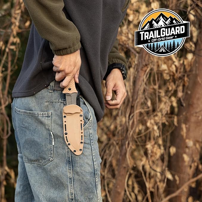 Off-Grid Gear TRAILGUARD Camping & Tactical Fixed Blade Knife, Stainless Steel Blade, Grippy FRN Scales, Sheath, Built For Campers, Preppers, Hunters, Fishermen, Survivalists, Handymen, Boaters, Bug Out Bag (Rustic Canyon)