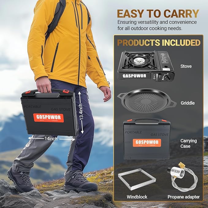 Propane or Butane Stove with Windblocker, Dual Fuel 10,000 BTU Portable Gas stove for Camping, Automatic Ignition Gas Stove with Adapter Hose Carrying Case & Griddle for Hiking (Fuel Not Included)