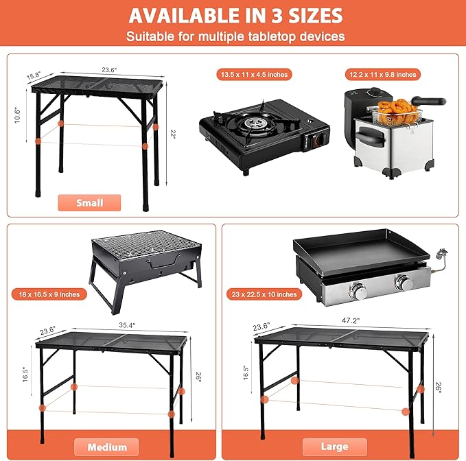 GREGIN Camping Table with Mesh Desktop, Lightweight & Portable Small Folding Grill Table, Height Adjustable Metal Outdoor Table for Camp, Cooking, BBQ, RV, Picnic-2 FT Black
