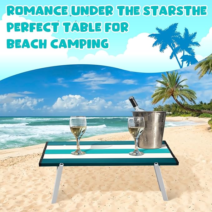 CroBlissful Beach Table Folding Camping Portable Table Striped White Aluminum Side with Carry Bag for Camping Picnics and Outdoor Activities(16x11x5 in,Cyan Green)