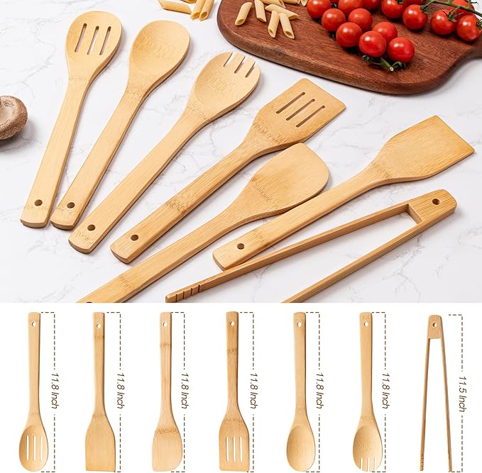 Eisinly Wooden Spoons for Cooking 7-Piece, Kitchen Nonstick Bamboo Cooking Utensils Set, Durability Wooden Spatula Spoon for Everyday Use, Smooth Edge
