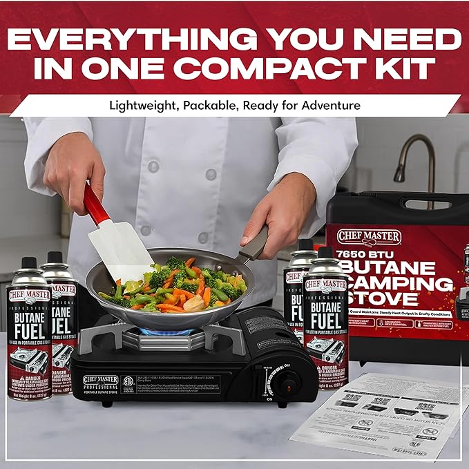 Portable Butane Camping Stove COMBO, Piezo Ignition Wind-Guard 7,650 BTU Portable Stove Burner w/ 4 x 8oz. Butane Fuel Canister for Emergencies, Hiking & Outdoor Camping Essential by Chef Master 90027