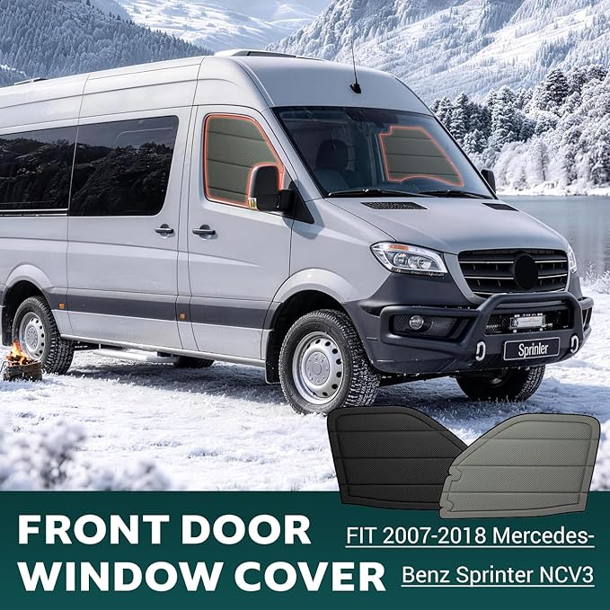 Extra-Thick Front Door Window Covers(Pair) for Mercedes-Benz Sprinter 2007-2018 NCV3, Magnetic Insulated Blackout Sunshade, XPE Foam & Thinsulate Cotton, AllSeasonGuard Pro