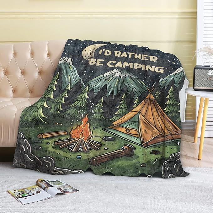 Camping Fleece Blanket - 50x60in Nighttime Forest Campfire and Tent Throw Blankets,Soft Cozy Lightweight, Ideal for Living Room Home Rustic Decor and Kids Women Girls Spring Gifts