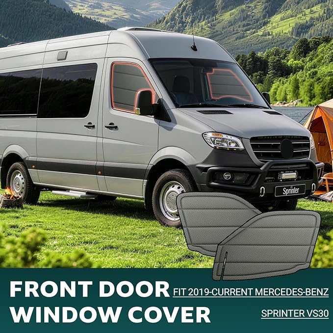 Front Door Window Covers(Pair) for Mercedes-Benz Sprinter 2019-2026 VS30, Magnetic Insulated Blackout Sunshade, XPE Foam Core, AllSeasonGuard