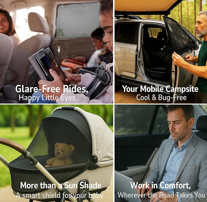 XL/Car Side Window Shades for Baby (9 Sizes/2 Pack). Full-Coverage No-Gaps Stretchy Mesh, Real Block of 96.25% UVA. Sun, Heat & Privacy Protection. Camping Bug Screen. Roll Down Windows | Qualizzi®