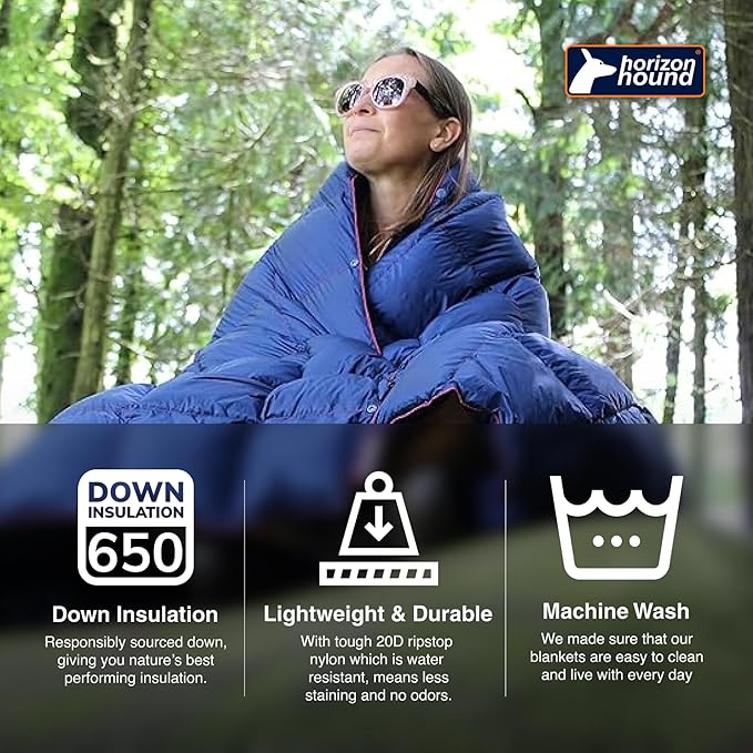 Horizon Hound Puffy Down Camping Blanket - Outdoor Travel Quilt | Sustainable, Insulated, Lightweight & Warm Gear for Sleep, Camping, Stadium, Hiking & Festivals | Water Resistant, Packable & Compact