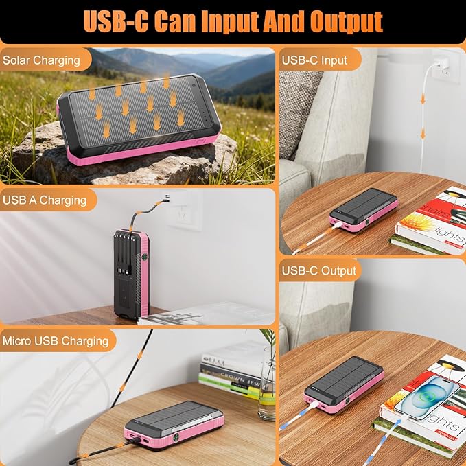 Solar Power Bank 33800mAh with Super Bright LED Flashlight, Built-in 4 Cables & Wireless Charging, Portable Charger with Compass, 7 Outputs & 4 Inputs for Camping/Hiking