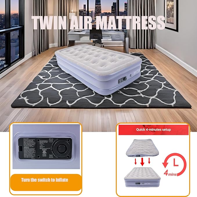 Onirii Twin Air Mattress Bed with Built in Pump,16 Inches High Airbed Inflatable Mattress,Comfort Thickened Blow Up Air Bed,Travel Sleeping Pad for Guests Home (Twin Size)