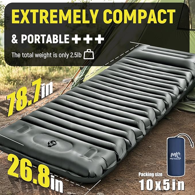 Myxslop Inflatable Camping Sleeping Pad with Pillow, 5" Extra-Thick Ultralight Inflatable Sleeping Mat with Built-in Pump, Camping Air Mattress Compact for Backpacking Hiking Trap Traveling (Grey)